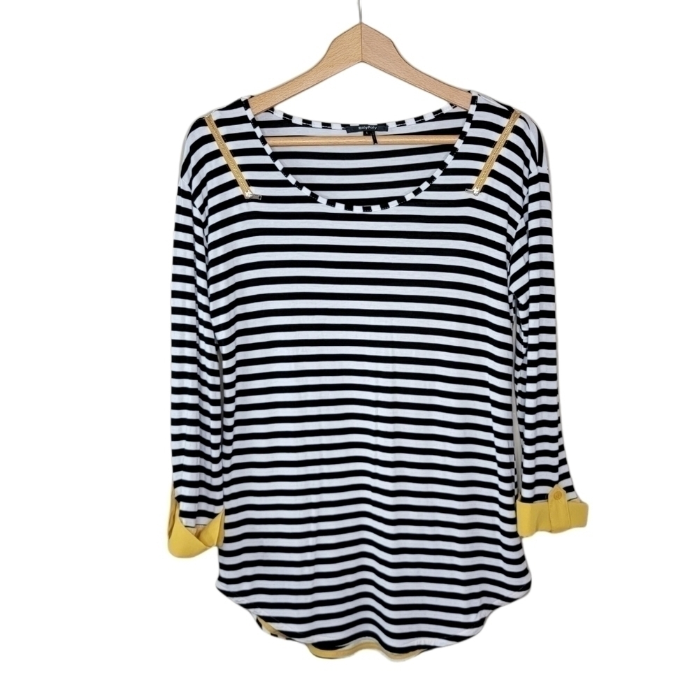 Roly Poly Black White Striped Top with Yellow Accents Size Large Casual Fun